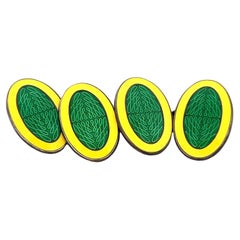 Krementz Art Deco Sterling Silver Green and Yellow Enameled Cufflinks