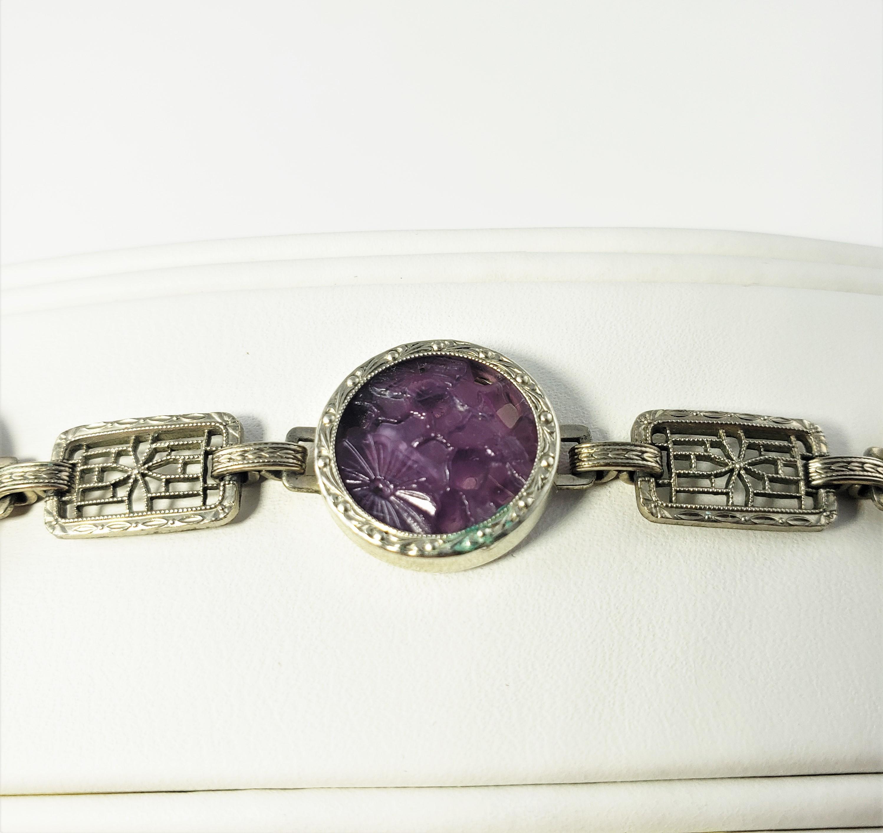 Krementz Art Deco Sterling Silver Purple Carved Peking Glass Filigree Bracelet In Good Condition In Washington Depot, CT