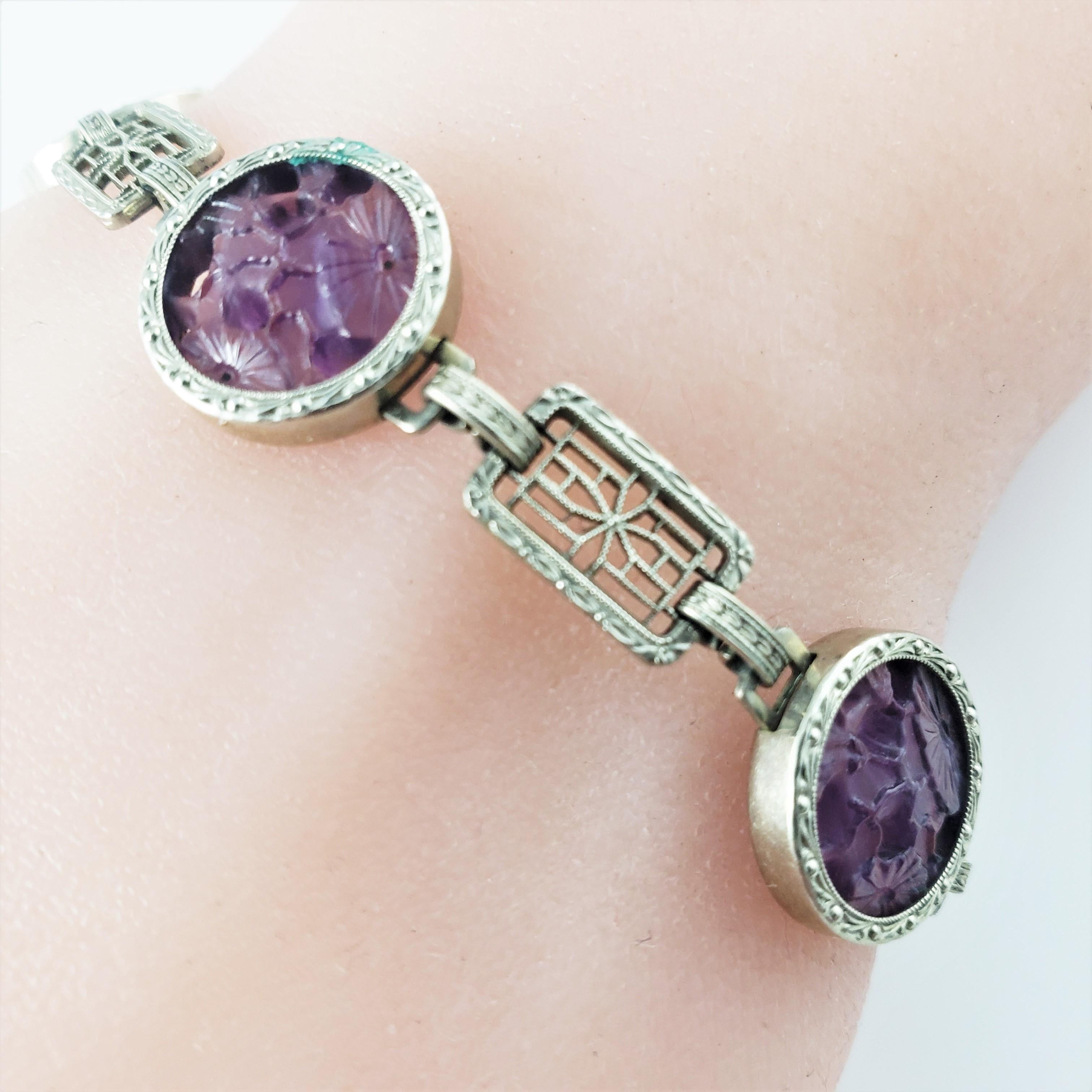 Krementz Art Deco Sterling Silver Purple Carved Peking Glass Filigree Bracelet 1