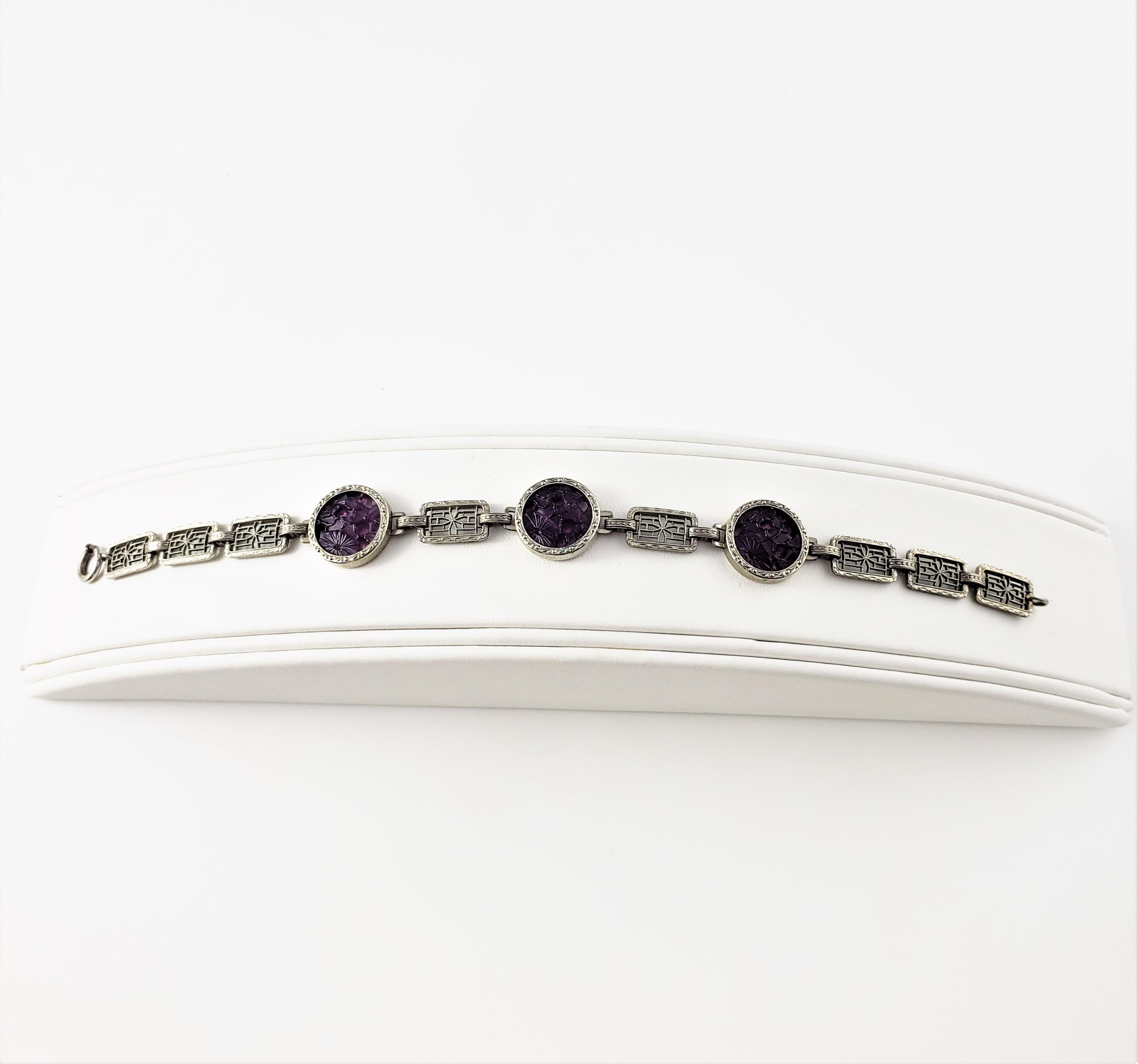 Krementz Art Deco Sterling Silver Purple Carved Peking Glass Filigree Bracelet 2
