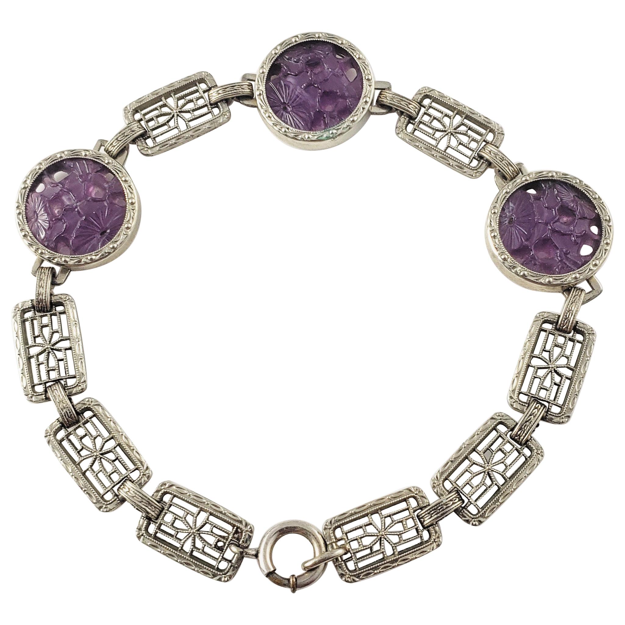 Krementz Art Deco Sterling Silver Purple Carved Peking Glass Filigree Bracelet