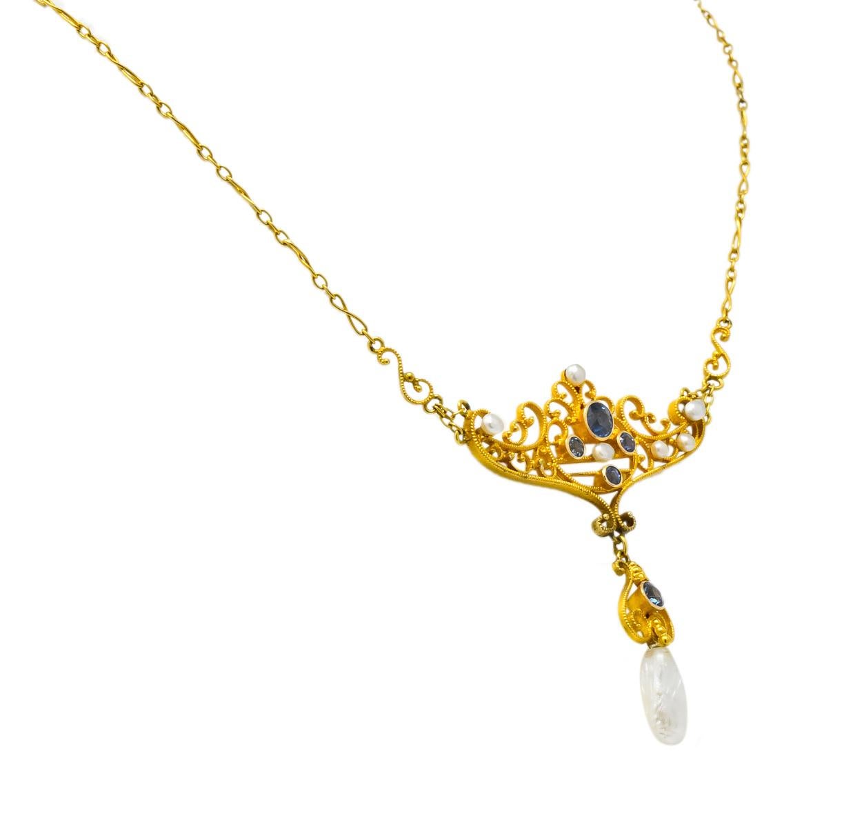 Krementz Art Nouveau 0.57 Carat Sapphire Pearl 14 Karat Gold Necklace In Excellent Condition In Philadelphia, PA