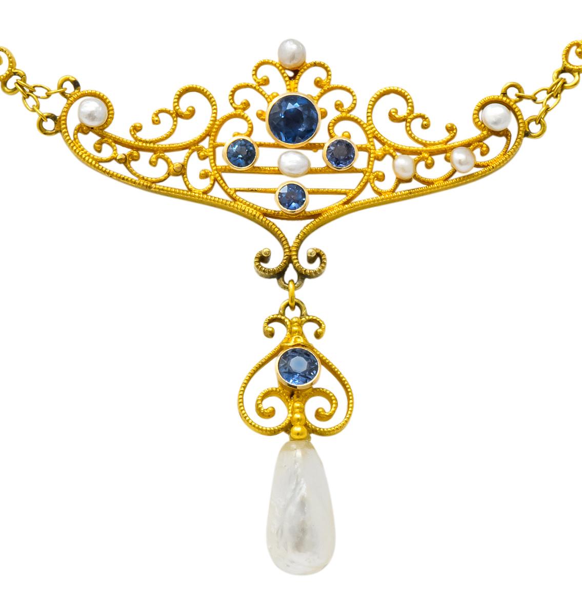 Women's or Men's Krementz Art Nouveau 0.57 Carat Sapphire Pearl 14 Karat Gold Necklace