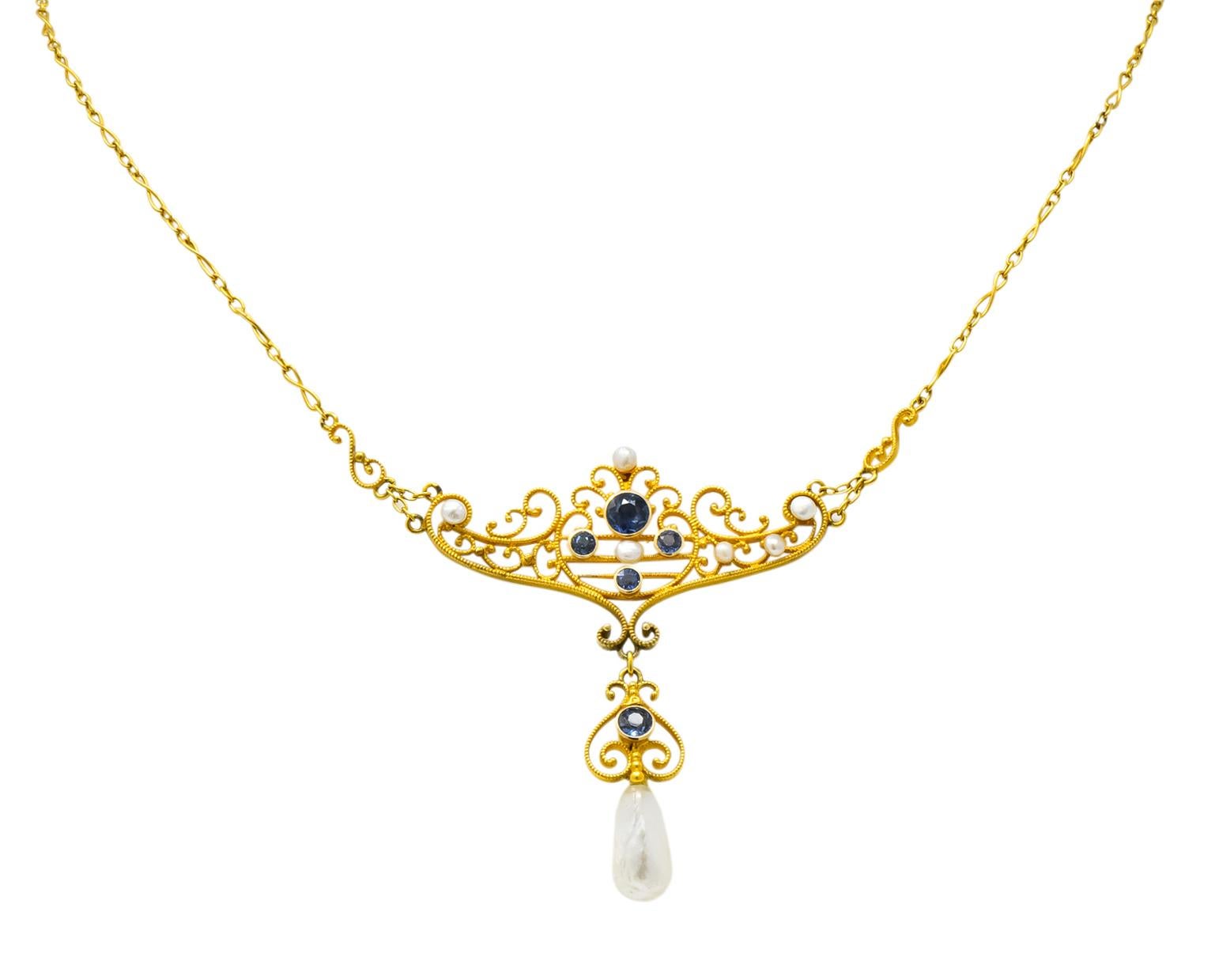 Krementz Art Nouveau 0.57 Carat Sapphire Pearl 14 Karat Gold Necklace 3