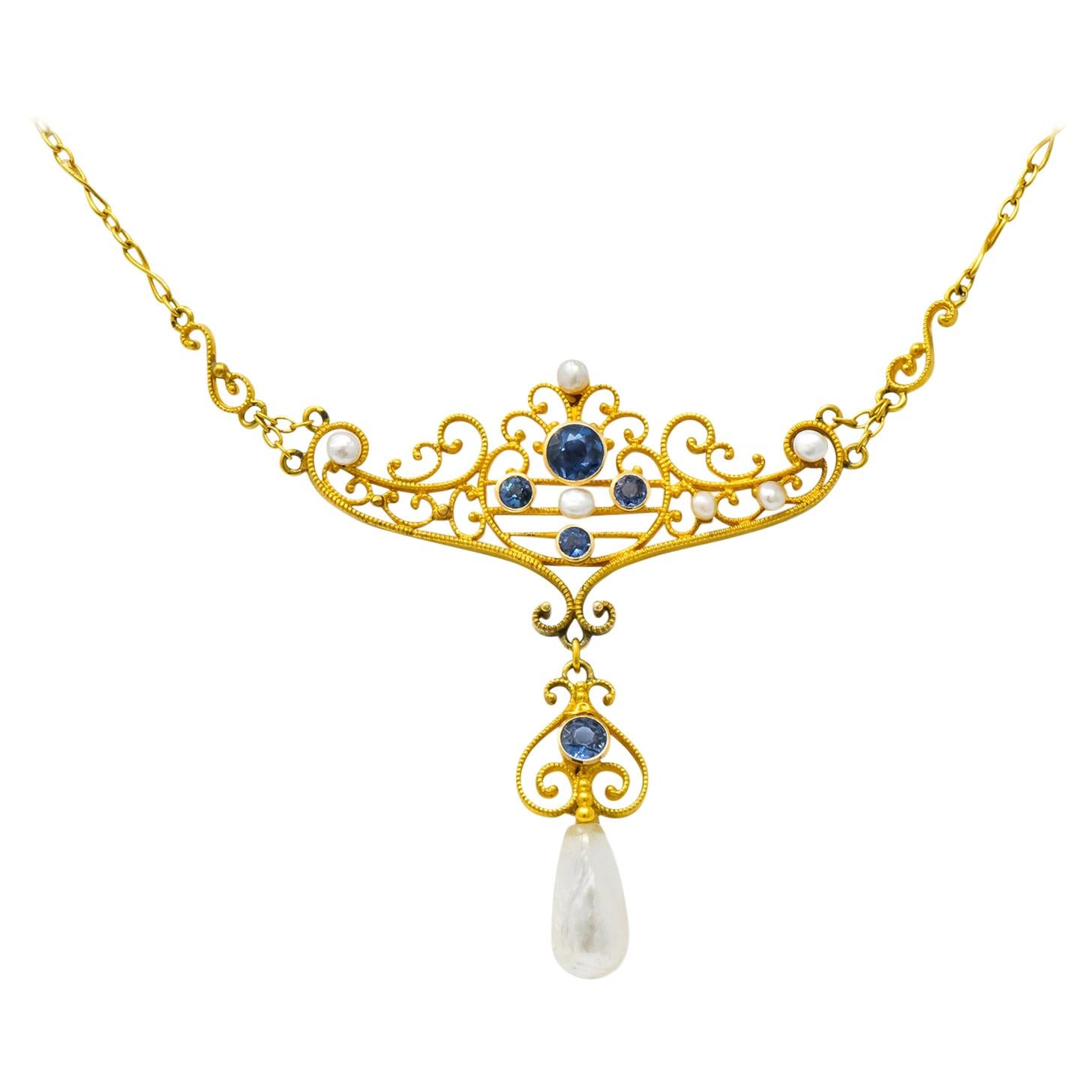Krementz Art Nouveau 0.57 Carat Sapphire Pearl 14 Karat Gold Necklace