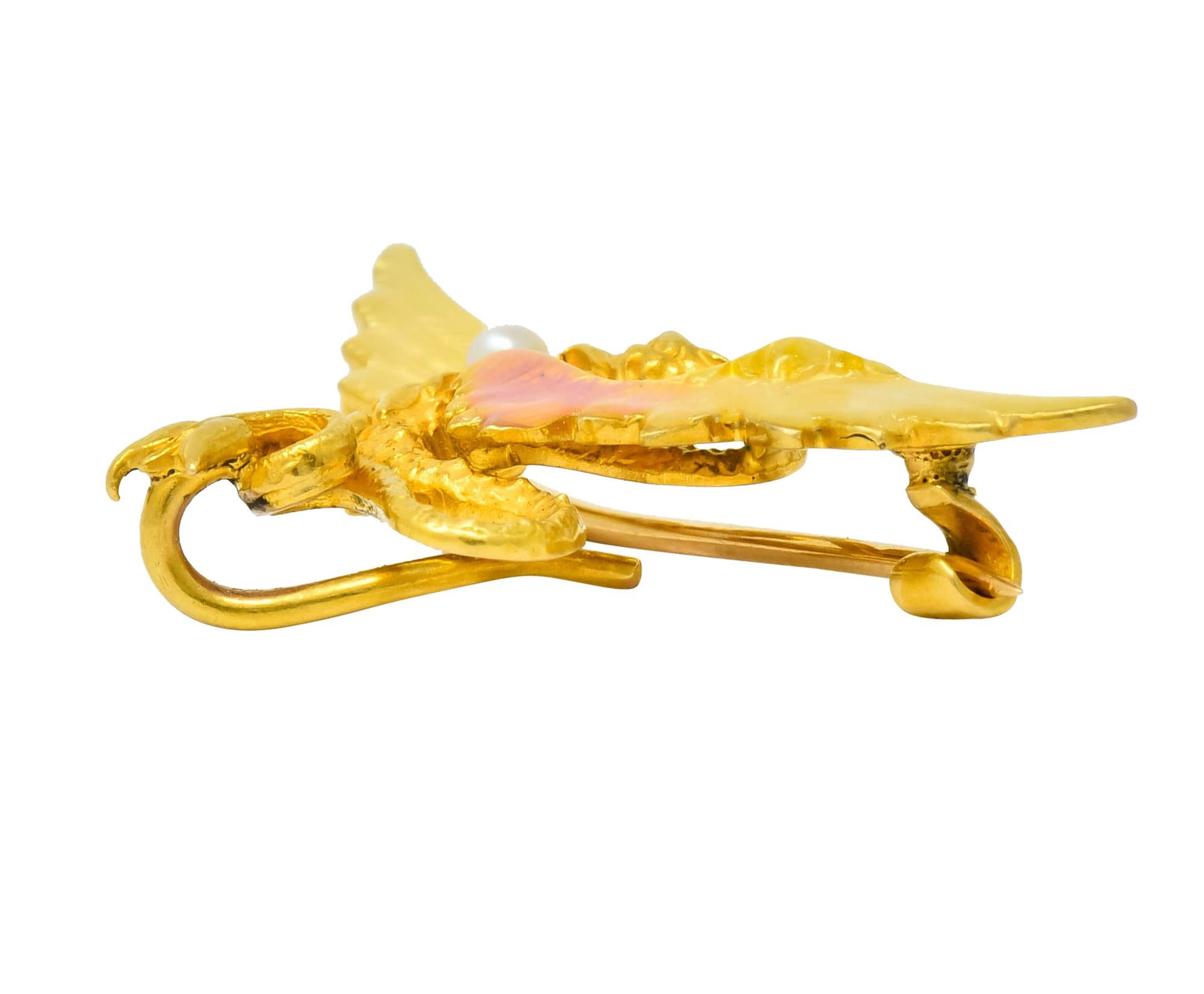 Women's or Men's Krementz Art Nouveau 14 Karat Gold Enamel Dragon Watch Pin Brooch