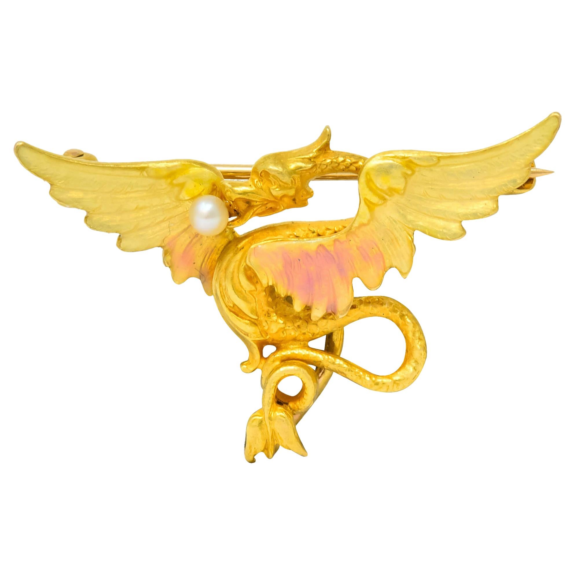 Krementz Art Nouveau 14 Karat Gold Enamel Dragon Watch Pin Brooch