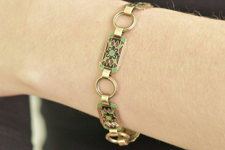 Krementz Art Nouveau 14 Karat Gold Enamel Panel Link Bracelet For Sale