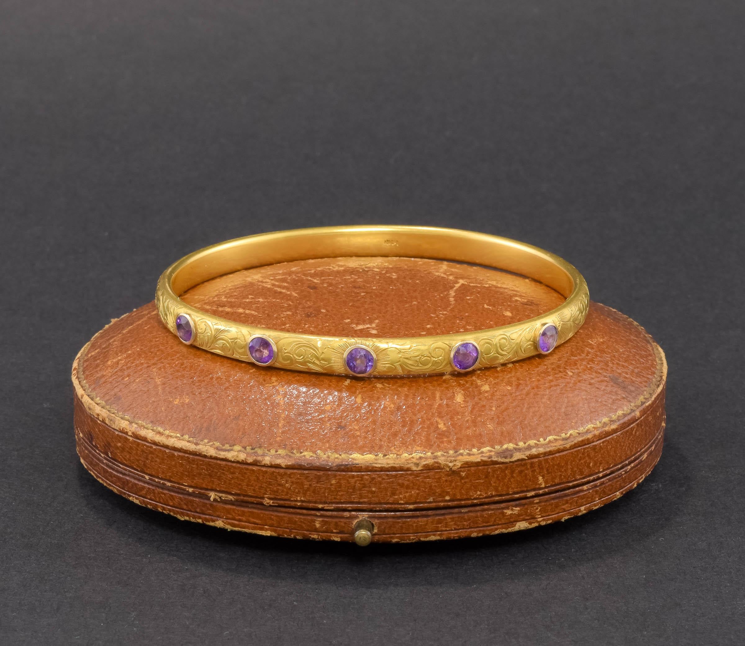 Krementz Art Nouveau 14K Gold Amethyst Bangle Bracelet with Antique Case 3