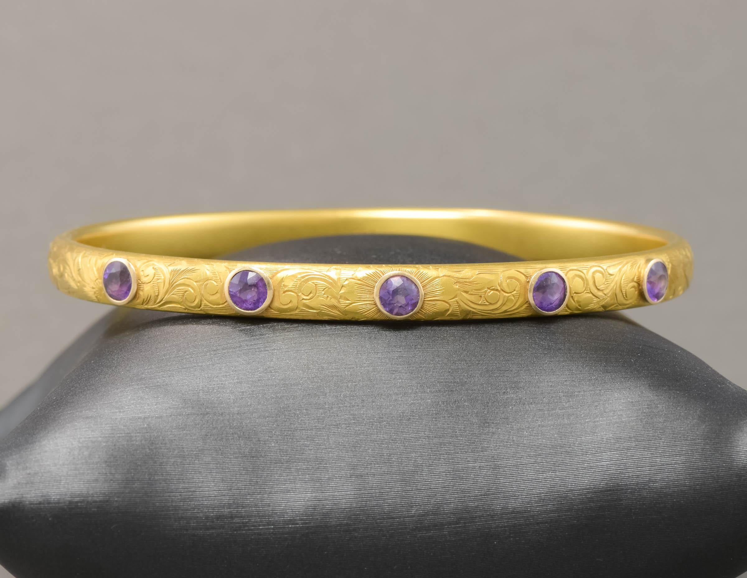 Krementz Art Nouveau 14K Gold Amethyst Bangle Bracelet with Antique Case 8