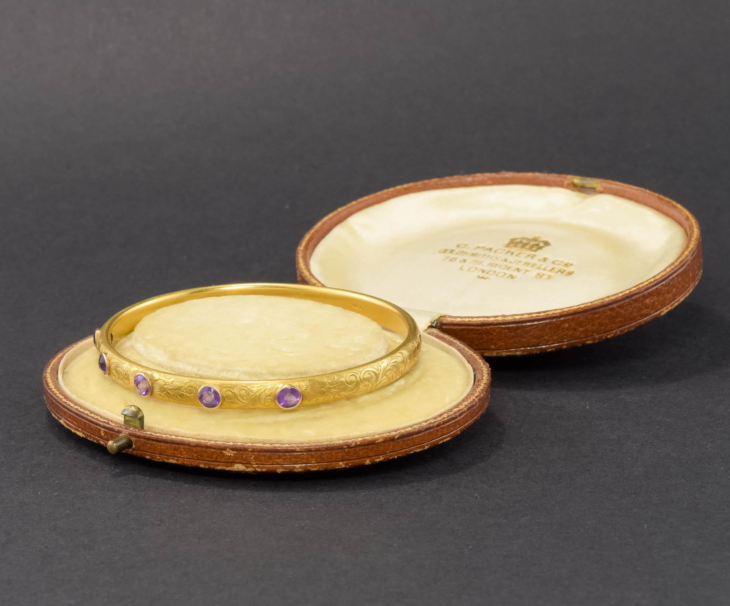 Round Cut Krementz Art Nouveau 14K Gold Amethyst Bangle Bracelet with Antique Case