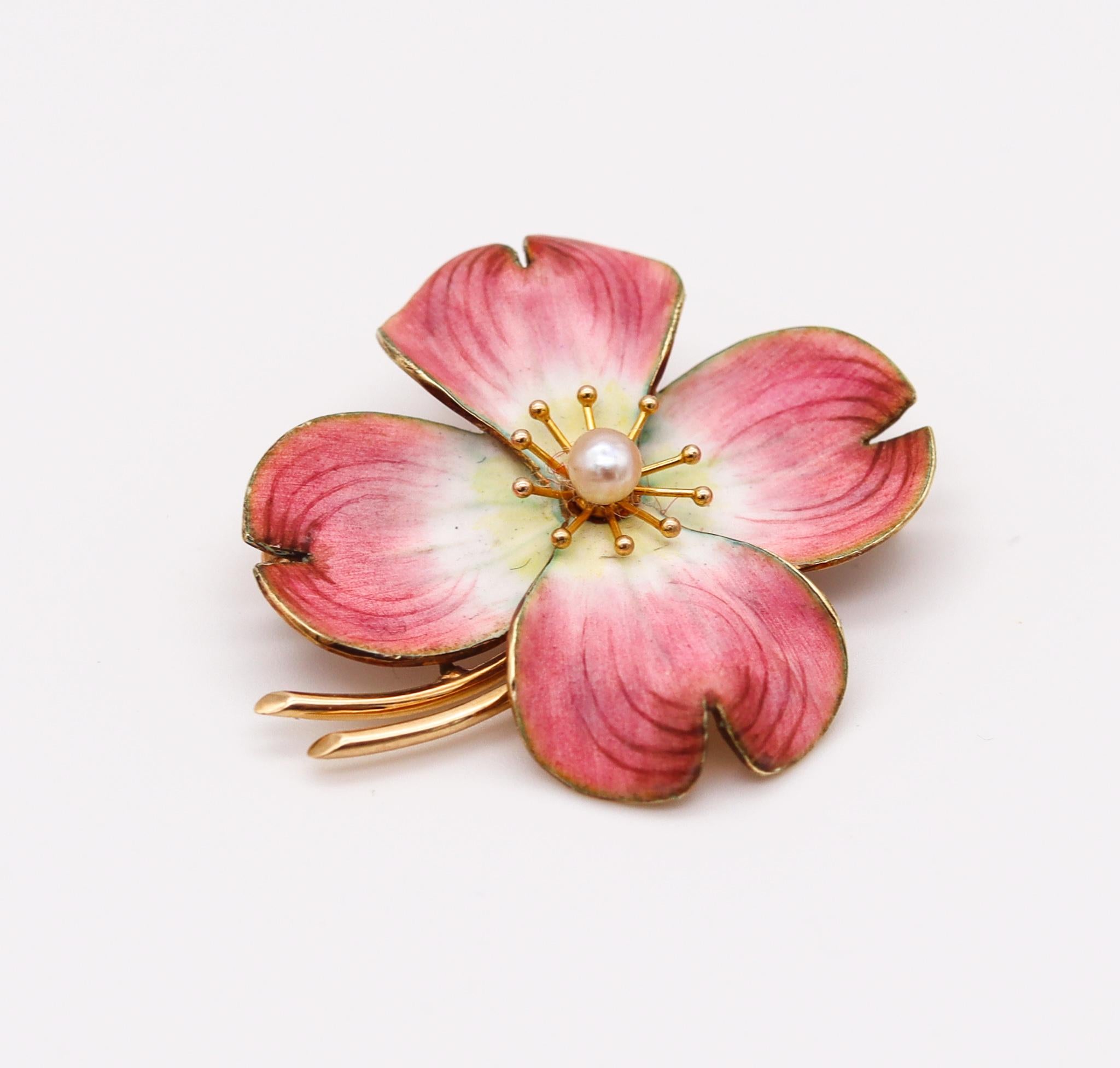 Edwardian Enameled Clematis pink flower pin created by Krementz & Co.

Stunning piece, created in America during the transitional period of the Edwardian and the Art Nouveau, back in the 1900-1910. This beautiful pin brooch has been carefully