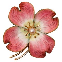 Krementz Broche en or 18 carats émaillée de fleurs de clématis avec perles, style Art nouveau 1905