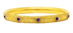 Krementz Art Nouveau 1908 Amethyst 14 Karat Yellow Gold Scrolling Antique Bangle