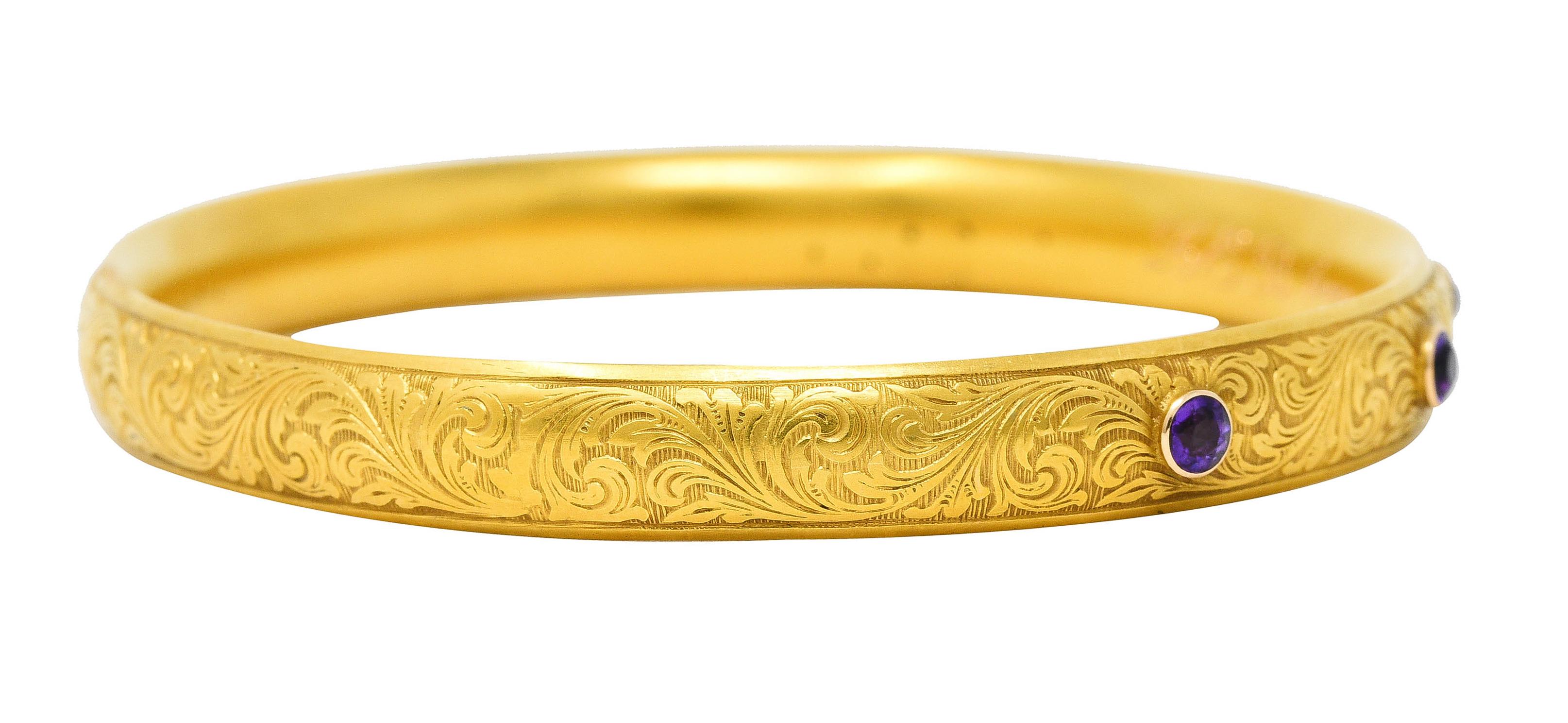 Round Cut Krementz Art Nouveau 1908 Amethyst 14 Karat Yellow Gold Scrolling Antique Bangle