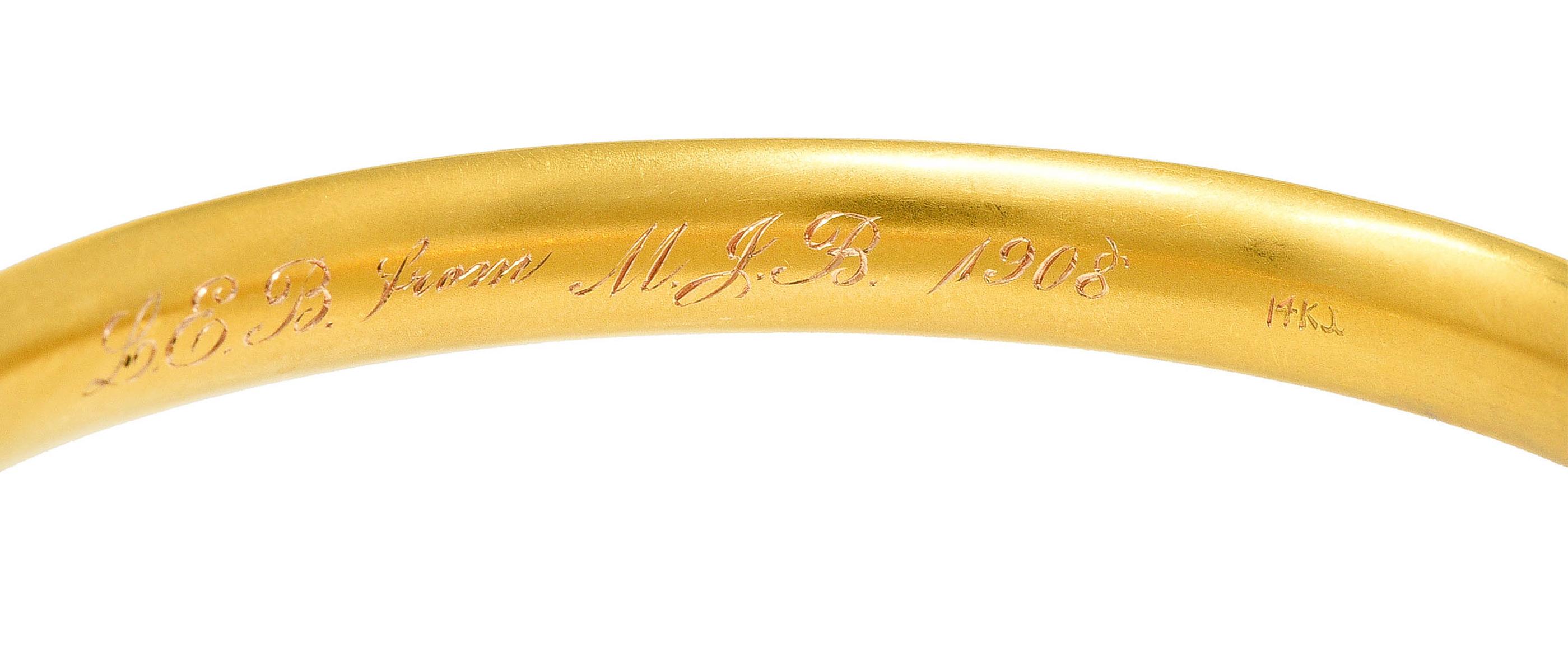 Krementz Art Nouveau 1908 Amethyst 14 Karat Yellow Gold Scrolling Antique Bangle 1