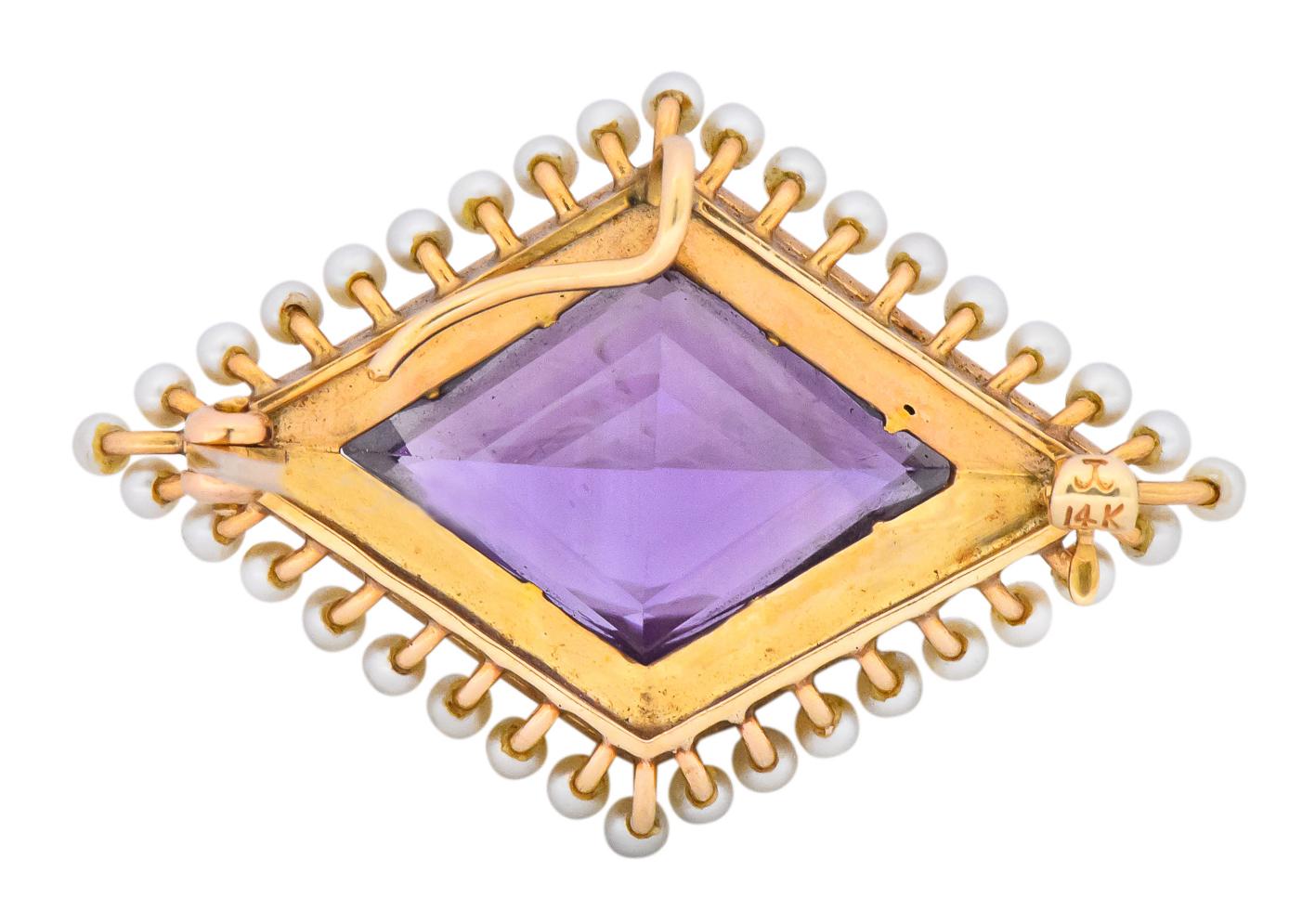 Krementz Art Nouveau Amethyst Pearl 14 Karat Gold Pendant Brooch 1