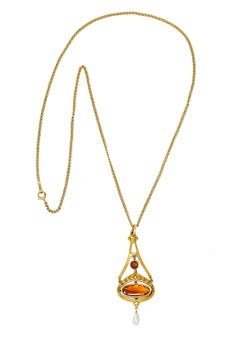 Krementz Art Nouveau Citrine Pearl 14 Karat Gold Pendant Necklace