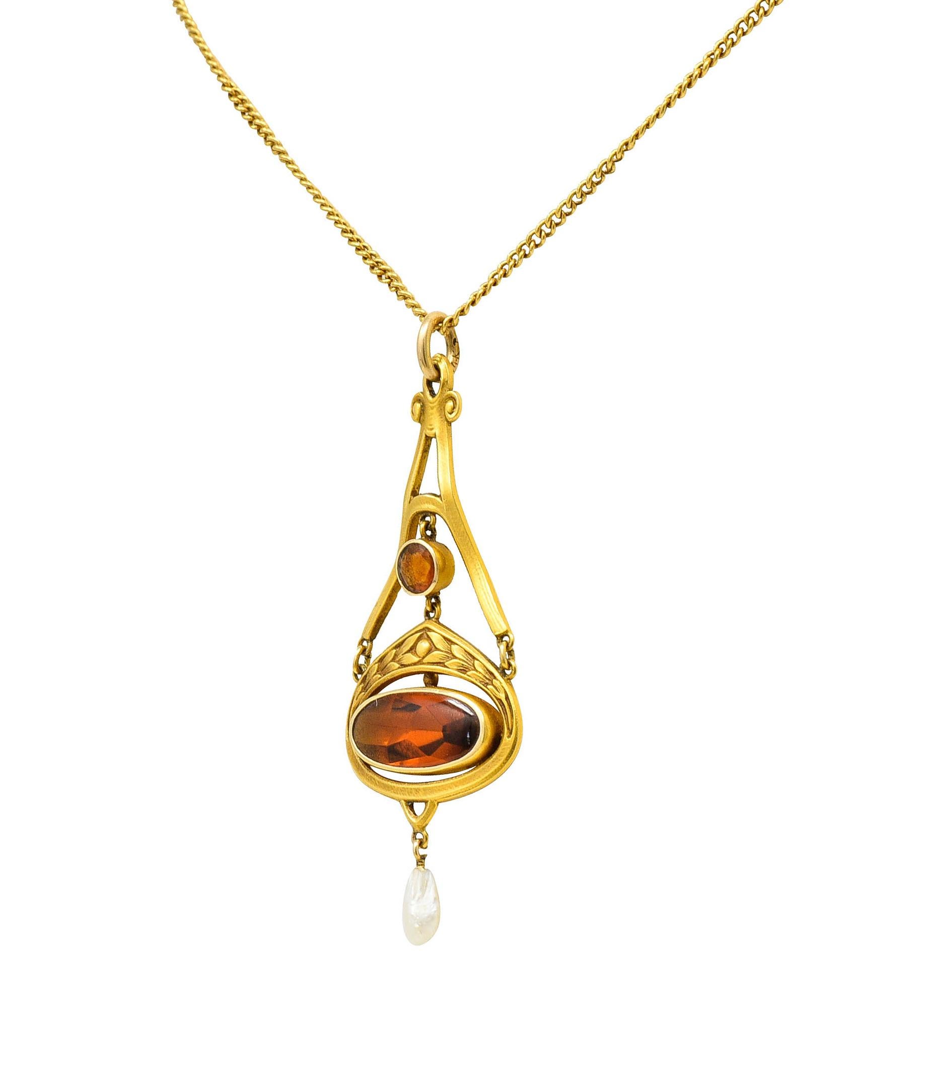 Round Cut Krementz Art Nouveau Citrine Pearl 14 Karat Gold Pendant Necklace