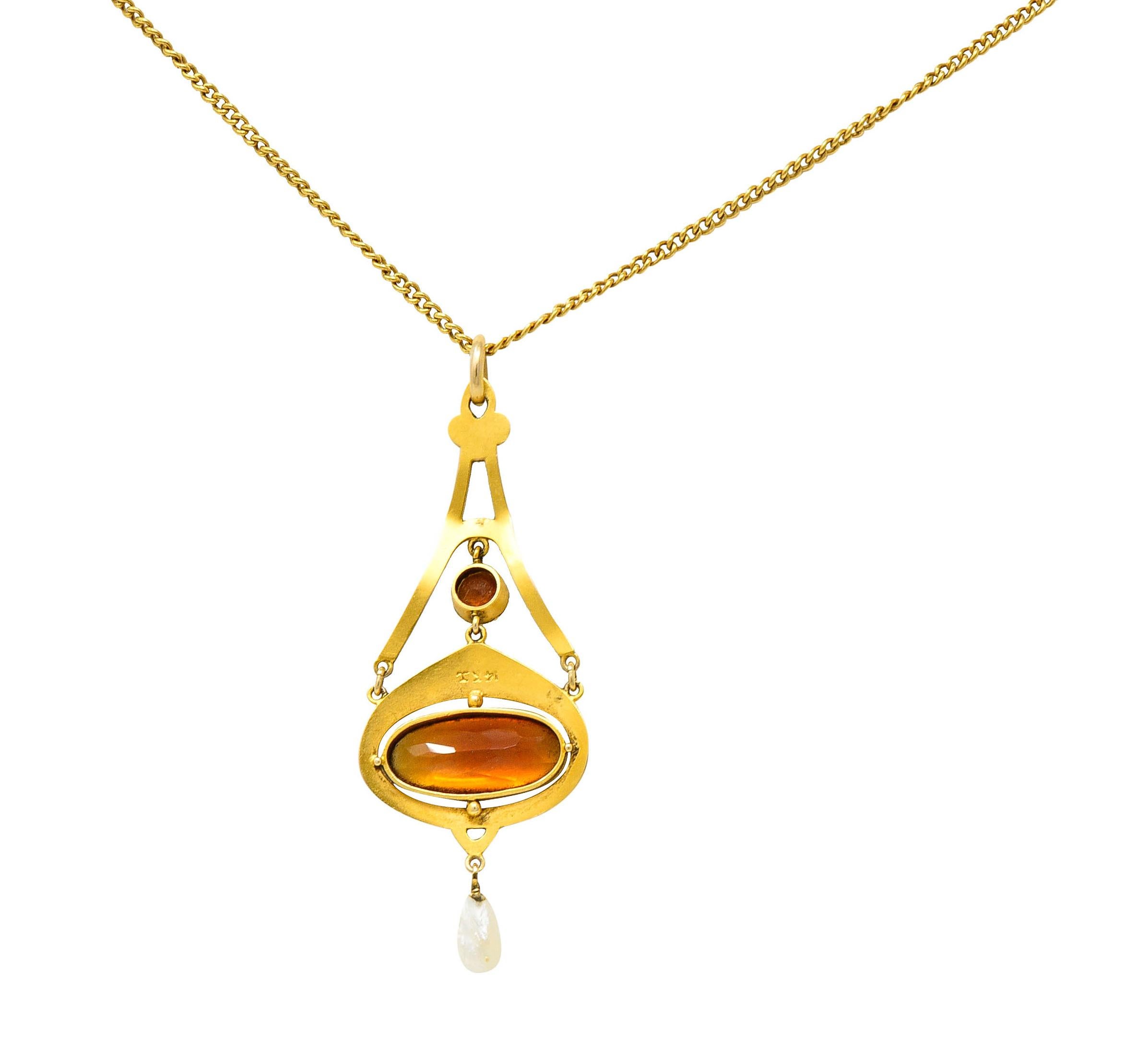 Krementz Art Nouveau Citrine Pearl 14 Karat Gold Pendant Necklace In Excellent Condition In Philadelphia, PA