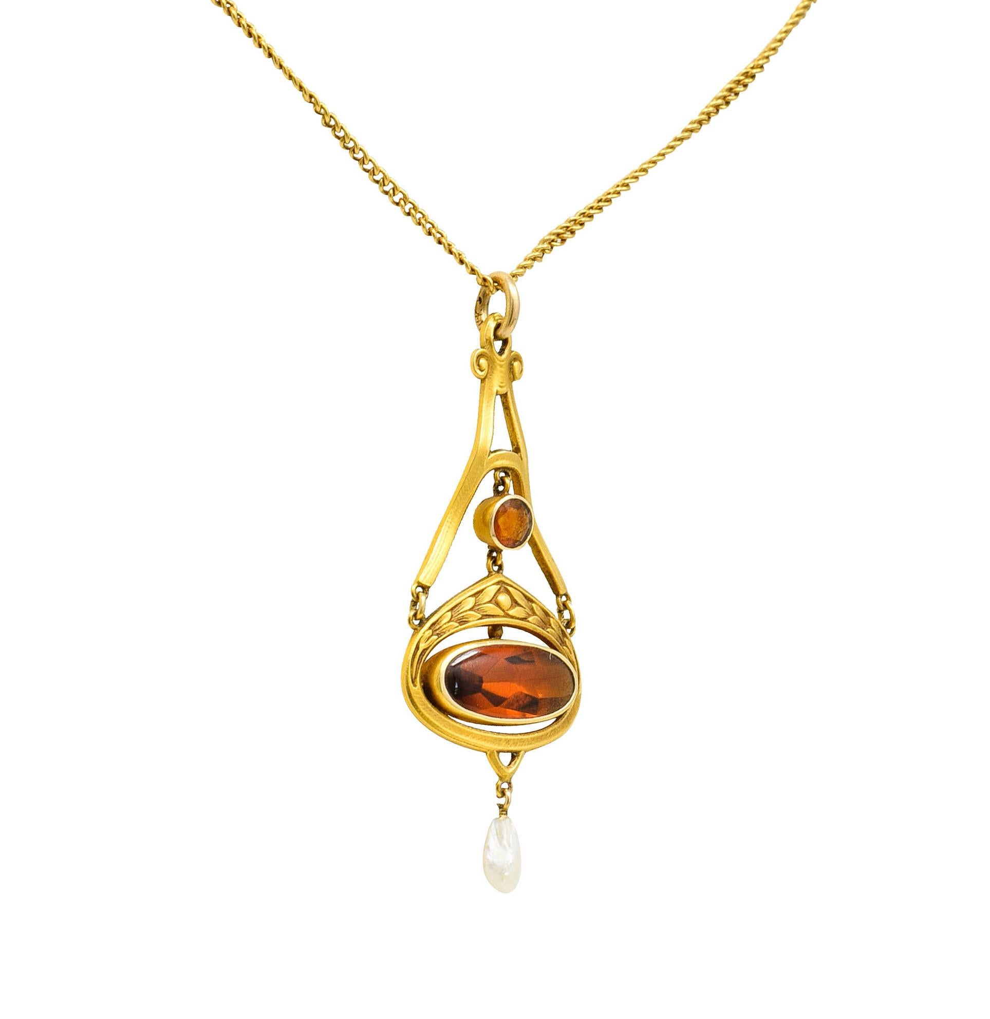 Women's or Men's Krementz Art Nouveau Citrine Pearl 14 Karat Gold Pendant Necklace