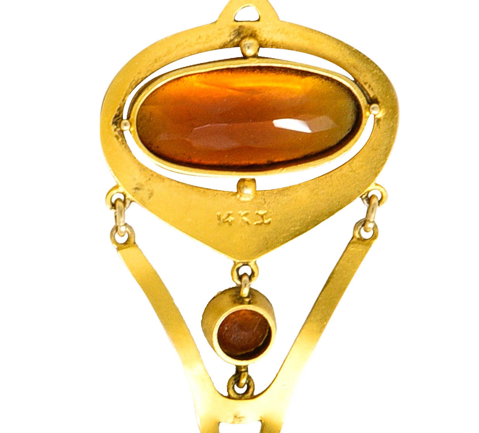 Krementz Art Nouveau Citrine Pearl 14 Karat Gold Pendant Necklace 1