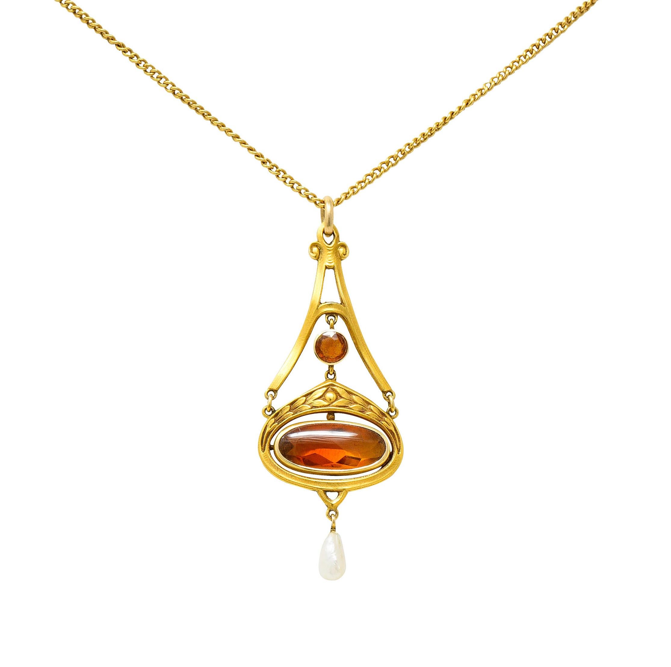Krementz Art Nouveau Citrine Pearl 14 Karat Gold Pendant Necklace 4