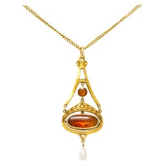 Antique Krementz Art Nouveau Citrine Pearl 14 Karat Gold Pendant Necklace