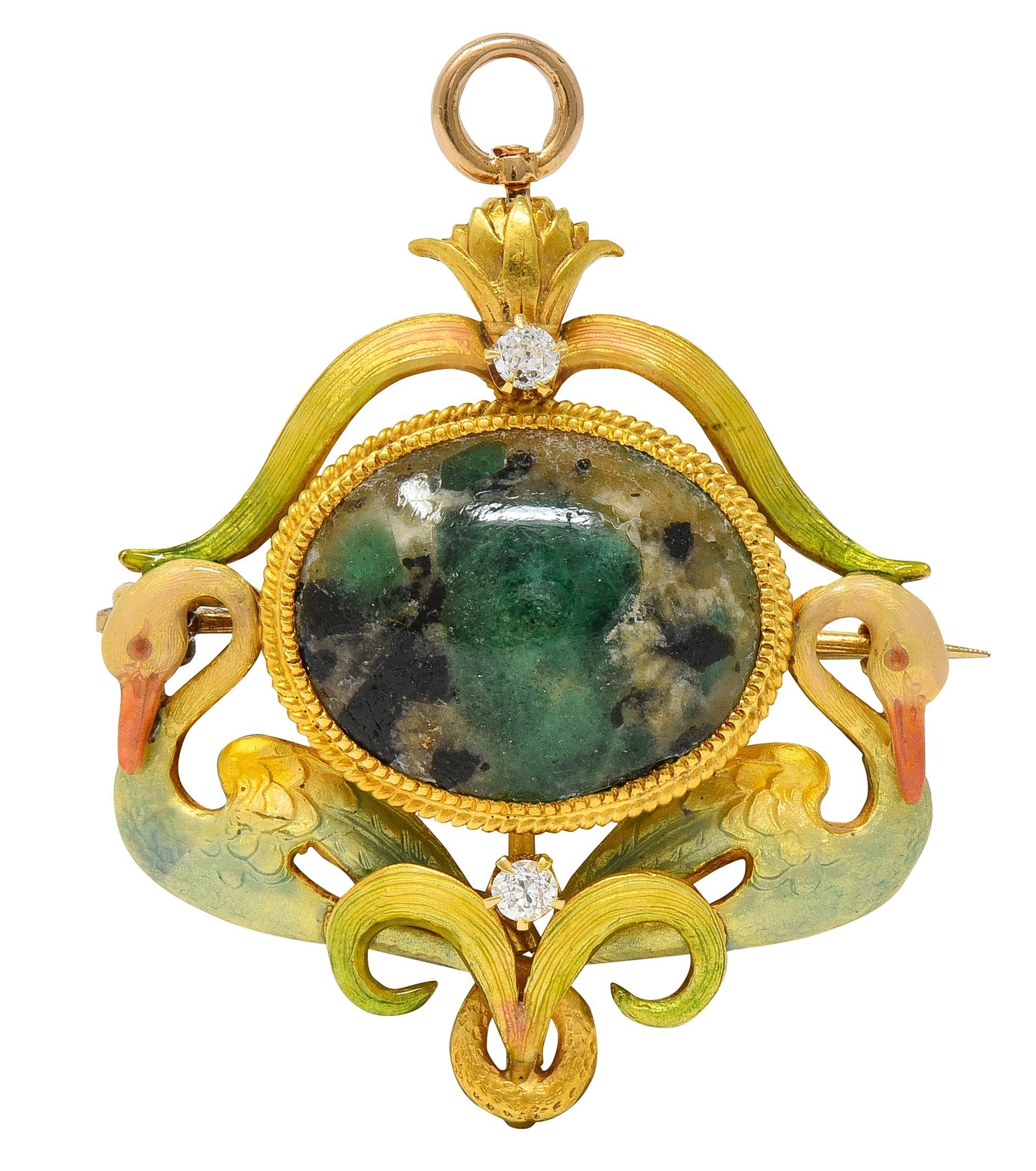 Art nouveau Krementz Art Nouveau Diamant Agate Émail 14K Antique Pendentif Cygne Broche en vente