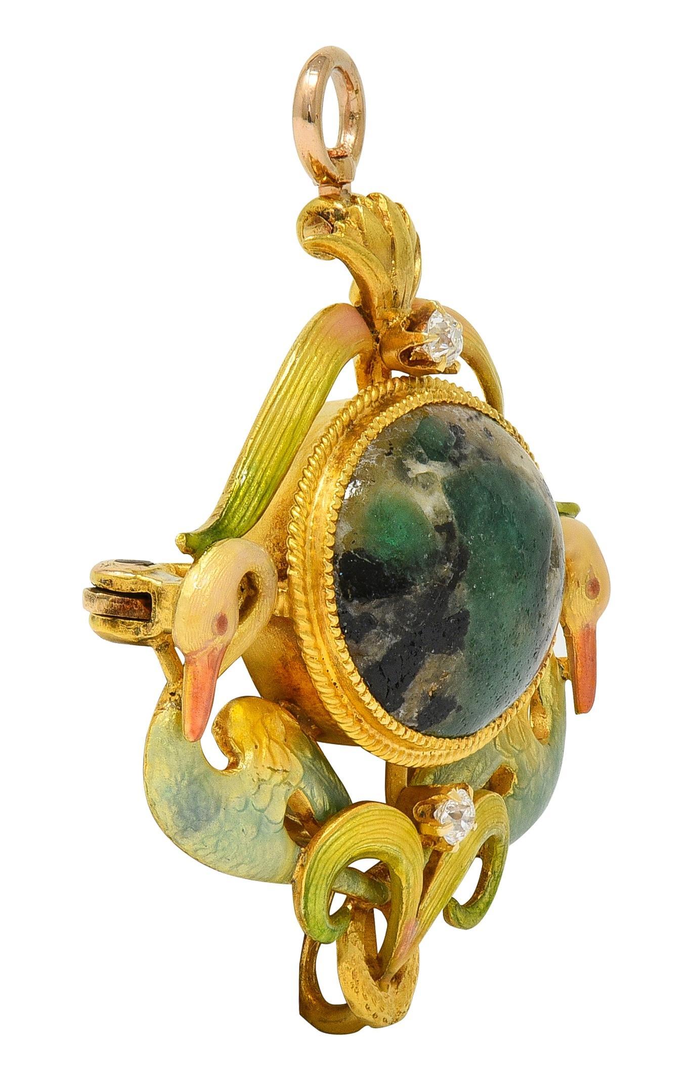 Taille cabochon Krementz Art Nouveau Diamant Agate Émail 14K Antique Pendentif Cygne Broche en vente