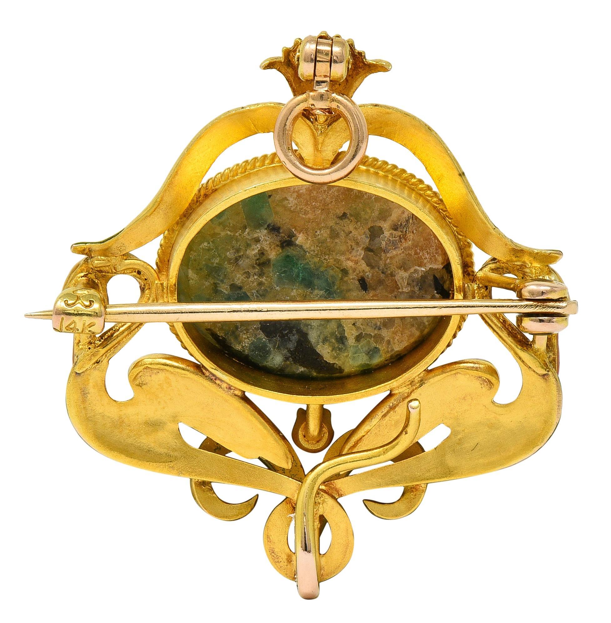 Krementz Art Nouveau Diamant Agate Émail 14K Antique Pendentif Cygne Broche Excellent état - En vente à Philadelphia, PA