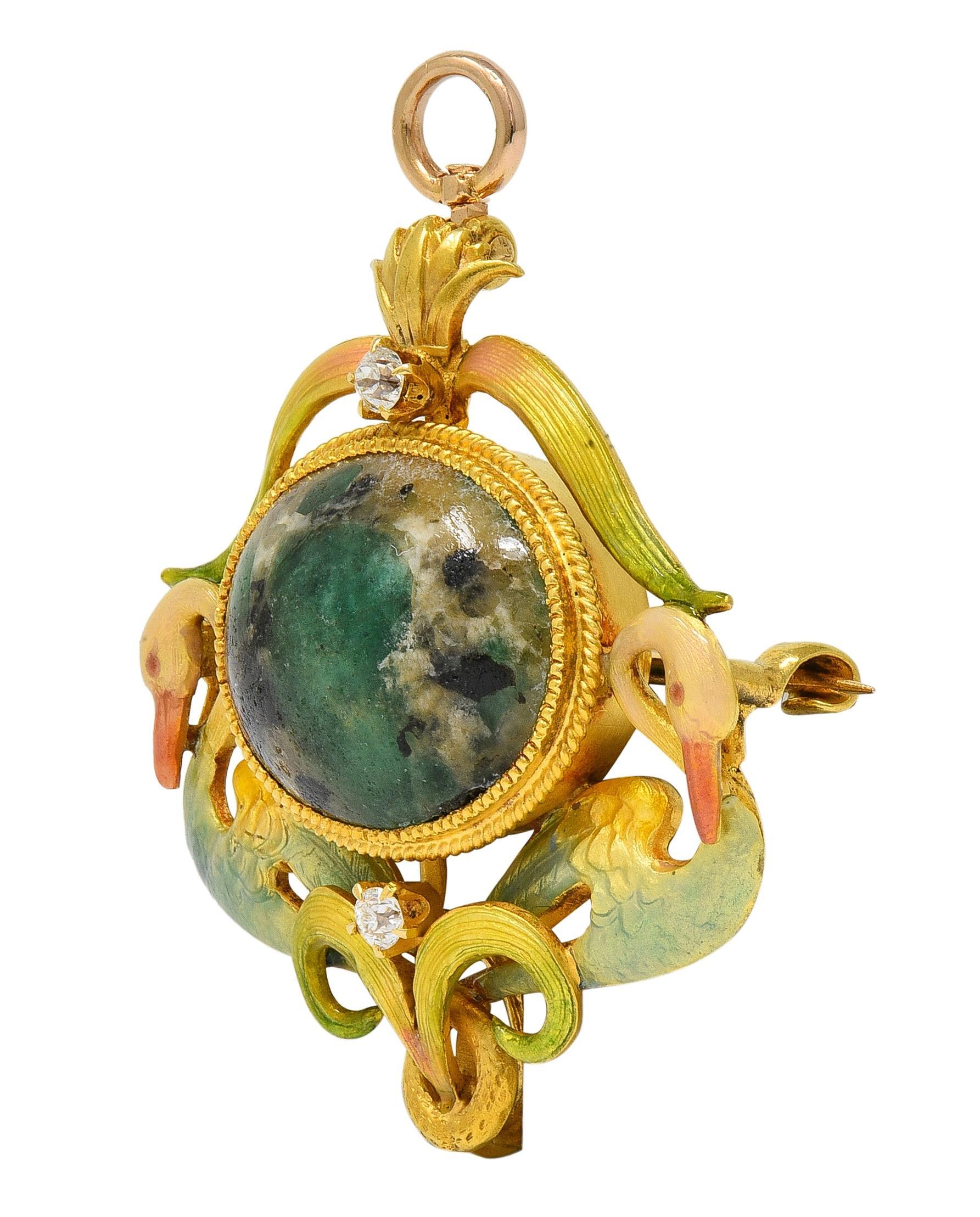 Krementz Art Nouveau Diamant Agate Émail 14K Antique Pendentif Cygne Broche Pour femmes en vente