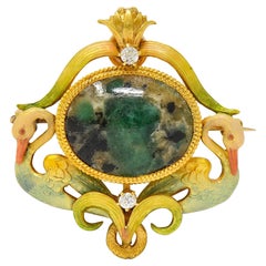 Krementz Art Nouveau Diamant Agate Émail 14K Antique Pendentif Cygne Broche