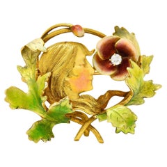 Krementz Art Nouveau Diamond Basse-Taille 14 Karat Gold Floral Lady Brooch