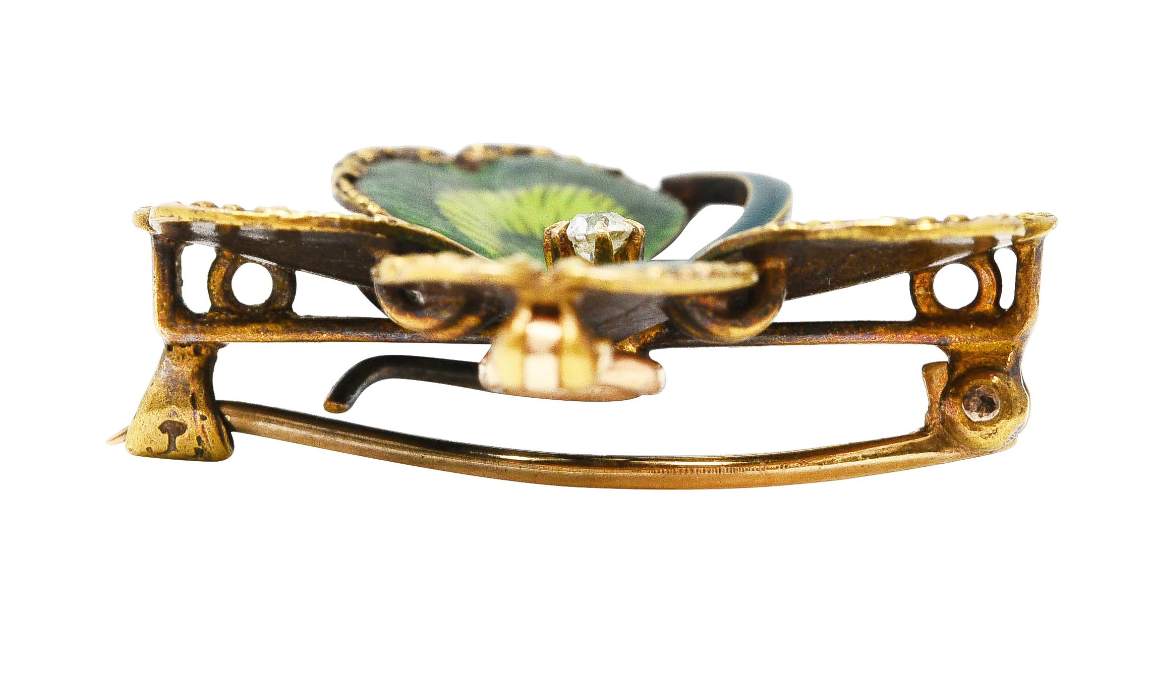 Krementz Art Nouveau Diamond Enamel 14 Karat Gold Four Leaf Clover Pendant Pin 3