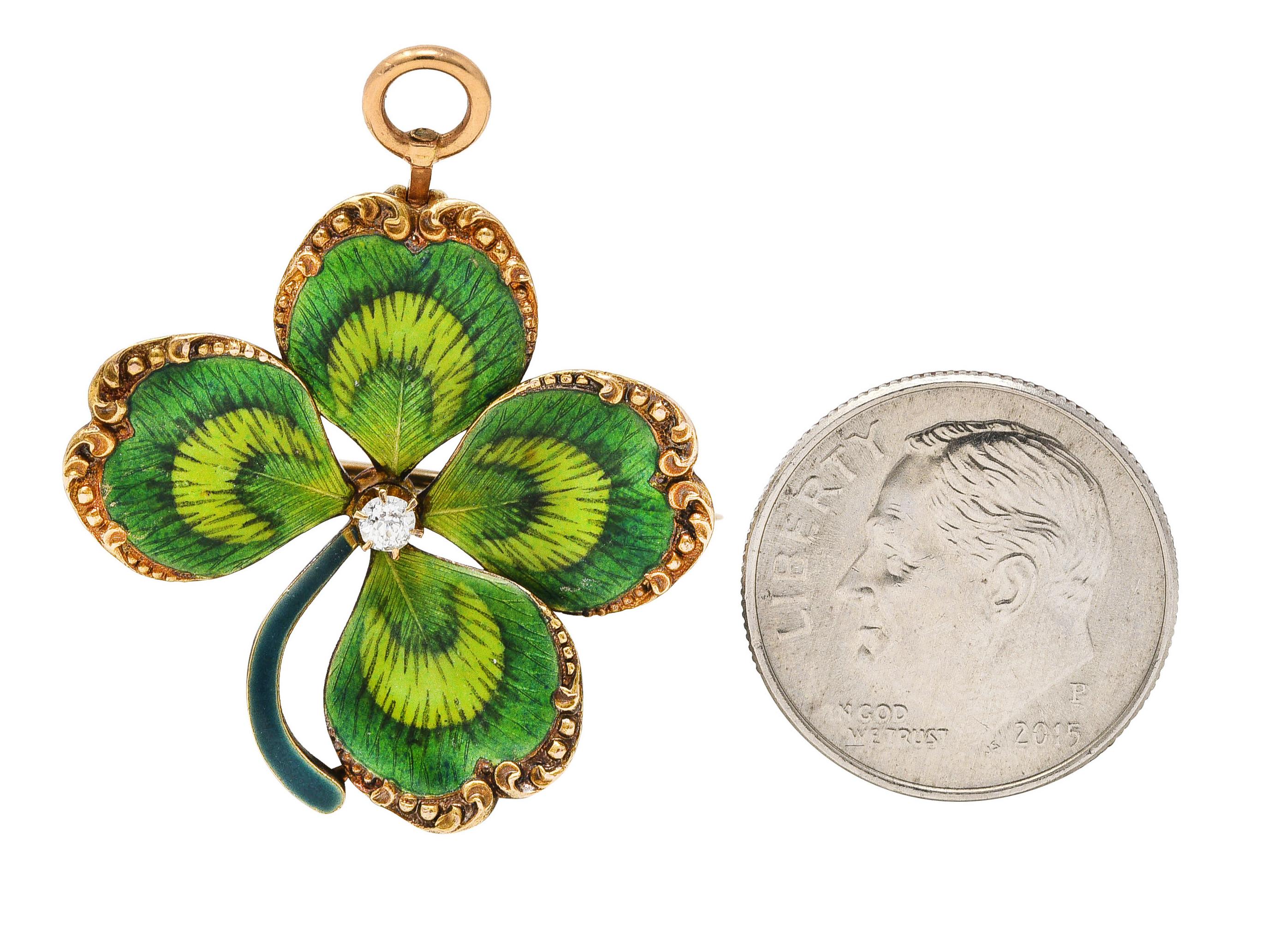 Krementz Art Nouveau Diamond Enamel 14 Karat Gold Four Leaf Clover Pendant Pin 4