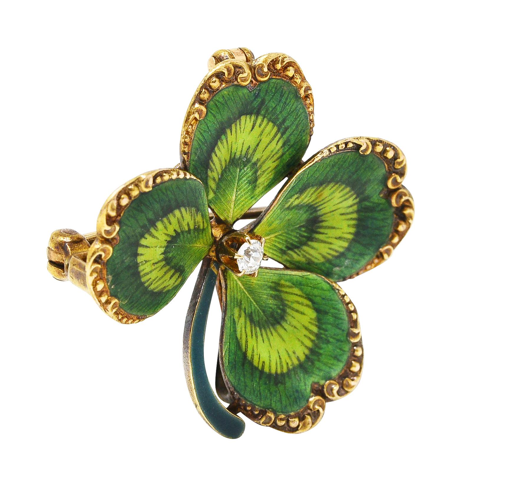 Old European Cut Krementz Art Nouveau Diamond Enamel 14 Karat Gold Four Leaf Clover Pendant Pin