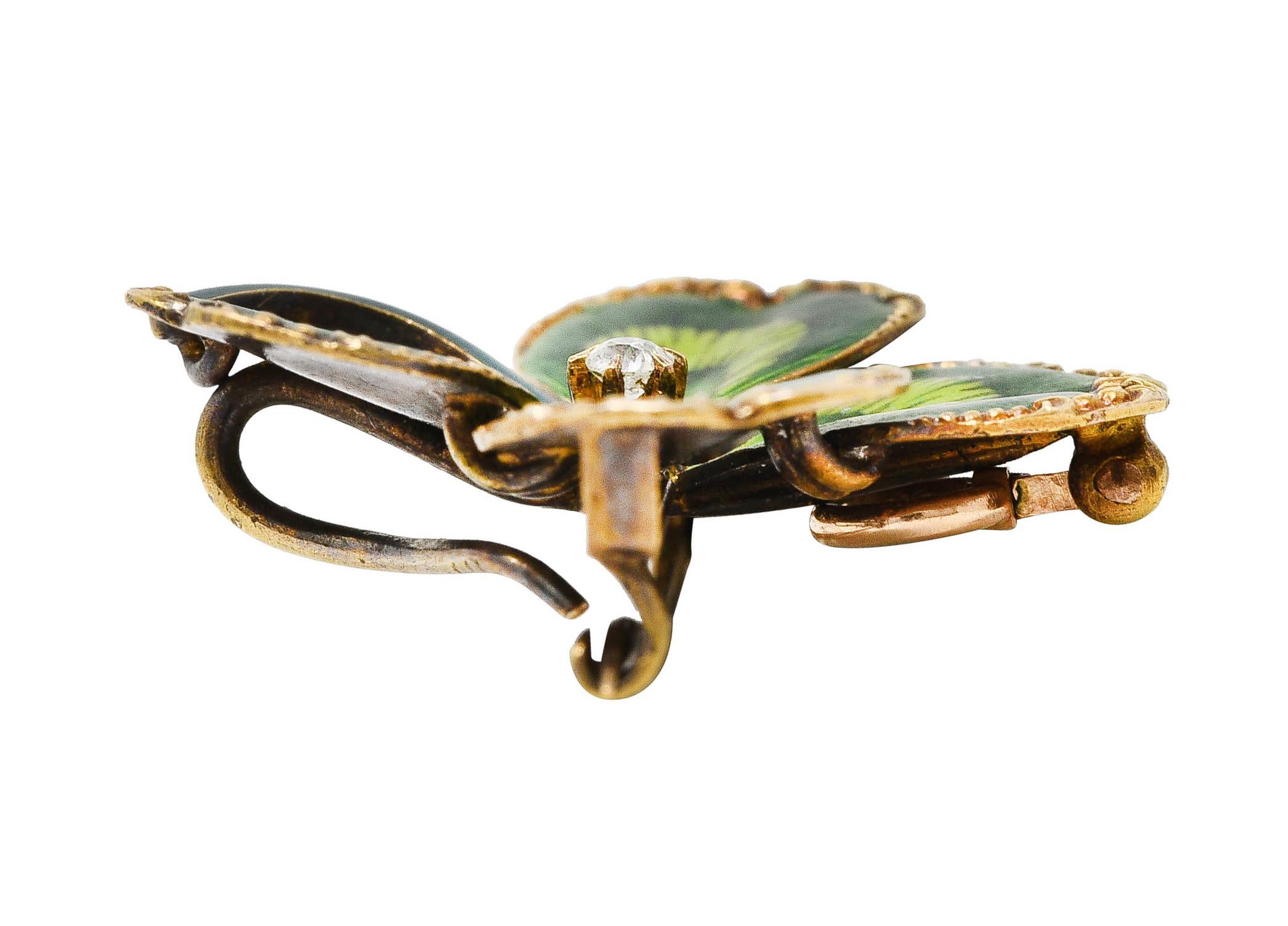 Krementz Art Nouveau Diamond Enamel 14 Karat Gold Four Leaf Clover Pendant Pin 2
