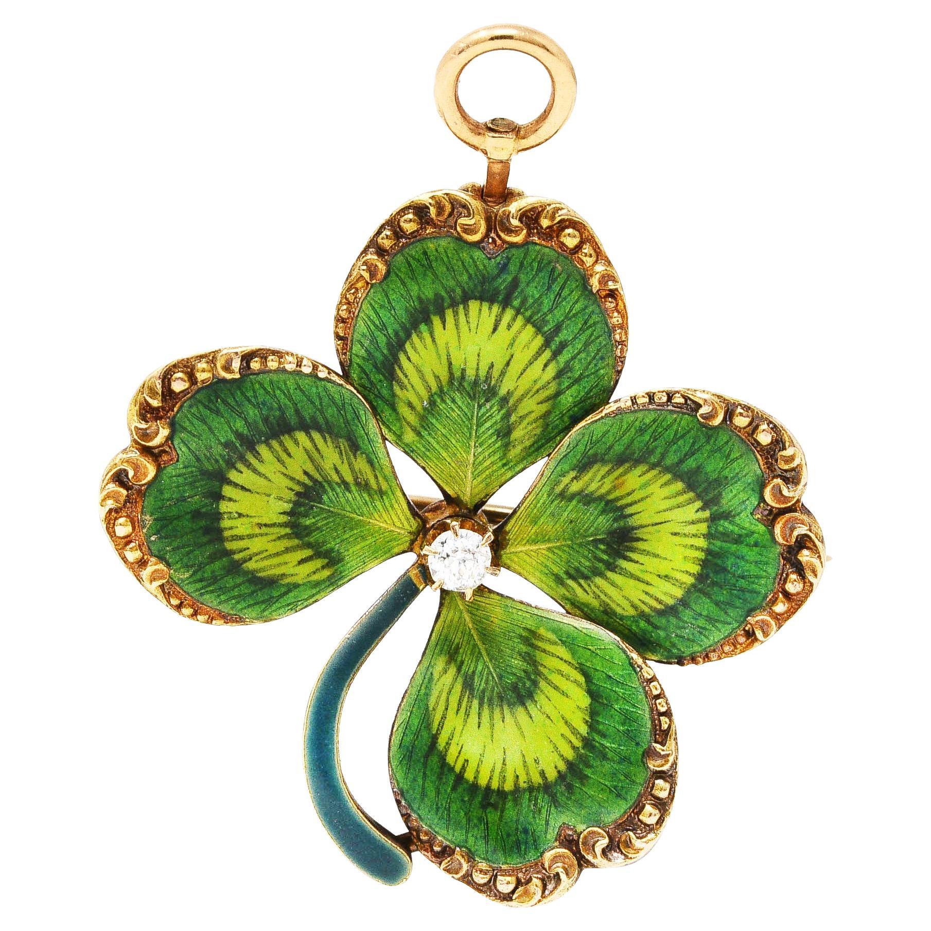 Krementz Art Nouveau Diamond Enamel 14 Karat Gold Four Leaf Clover Pendant Pin