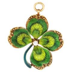 Krementz Art Nouveau Diamond Enamel 14 Karat Gold Four Leaf Clover Pendant Pin