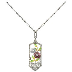 Krementz Art Nouveau Diamond Garnet Rock Crystal Enamel 14 Karat Gold Necklace