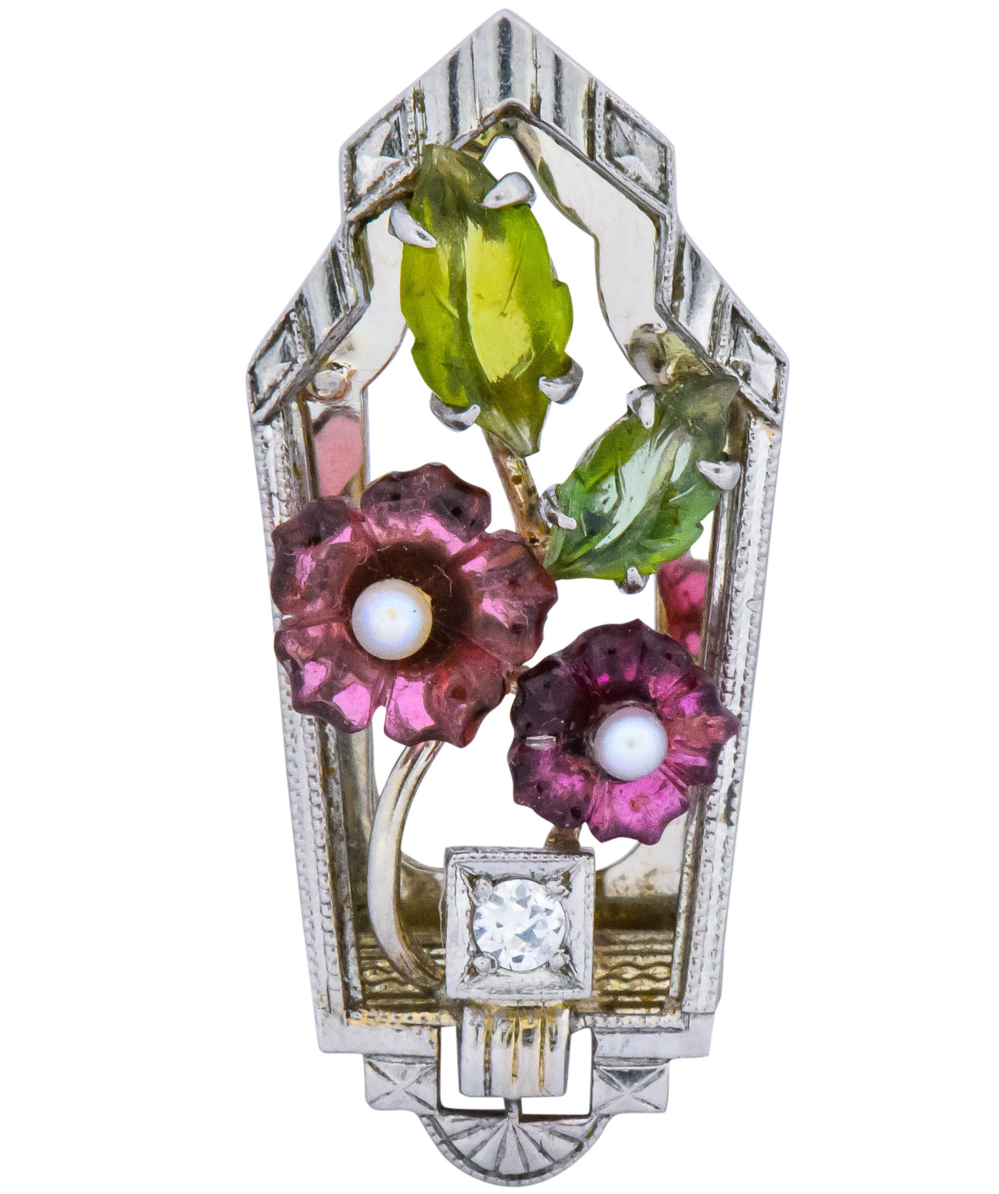 Krementz Art Nouveau Diamond Garnet Tourmaline Pearl 14 Karat Gold Clip Pins In Excellent Condition In Philadelphia, PA