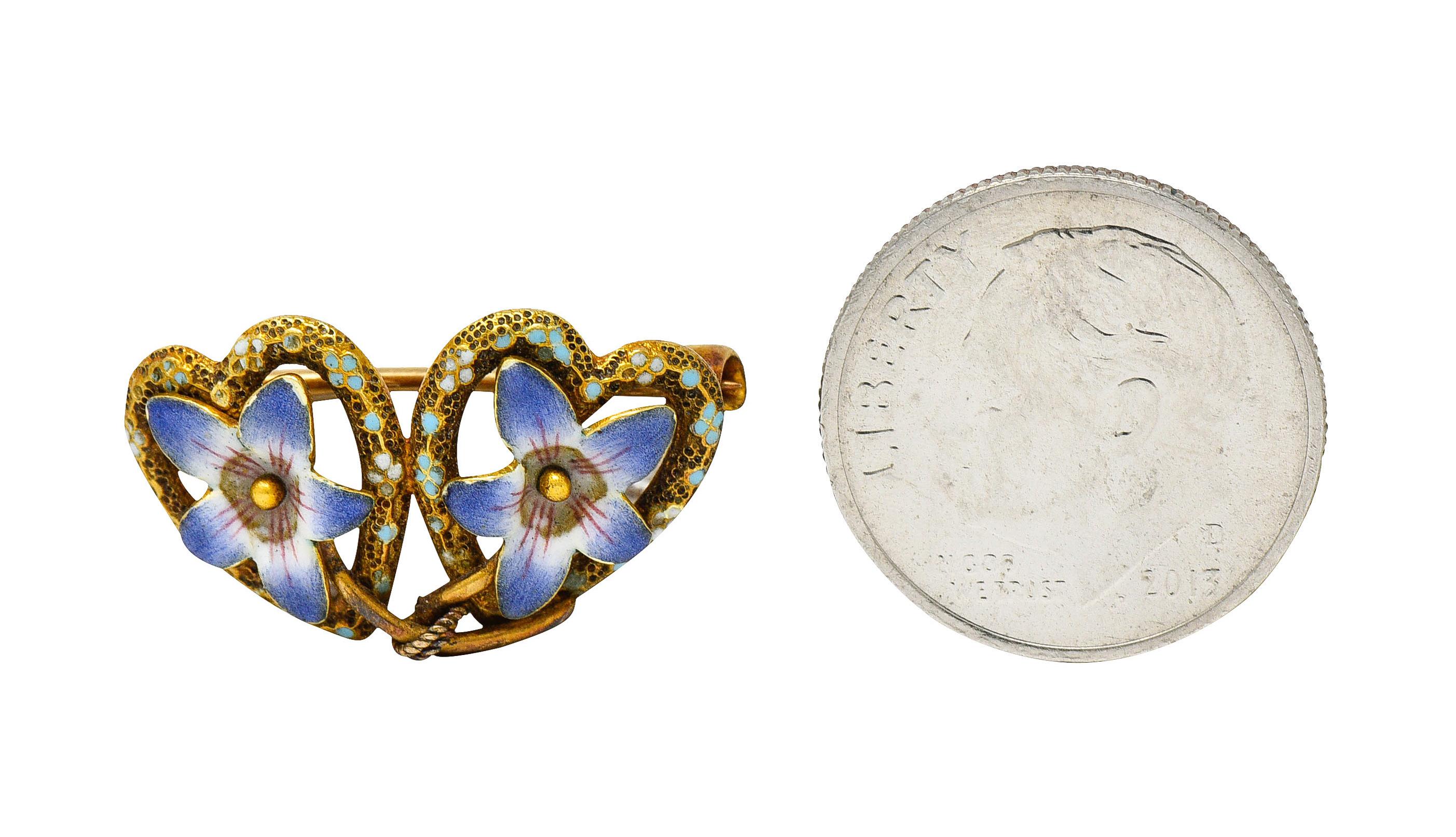 Krementz Art Nouveau Enamel 14 Karat Gold Double Floral Heart Brooch 6