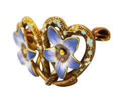 Krementz Art Nouveau Enamel 14 Karat Gold Double Floral Heart Brooch