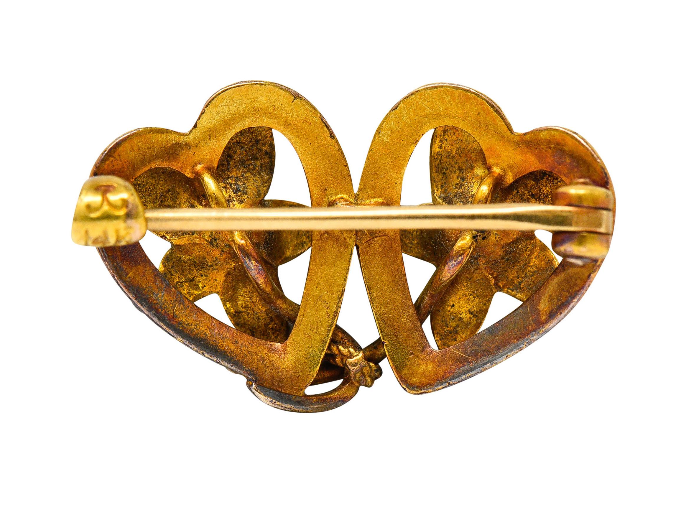 Women's or Men's Krementz Art Nouveau Enamel 14 Karat Gold Double Floral Heart Brooch