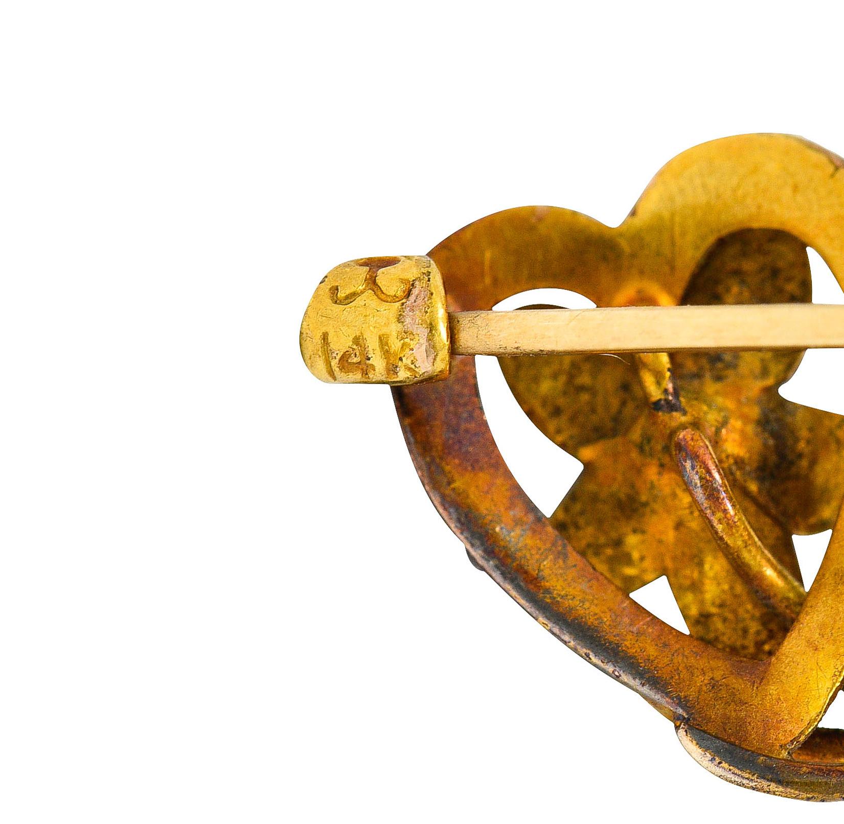 Krementz Art Nouveau Enamel 14 Karat Gold Double Floral Heart Brooch 1