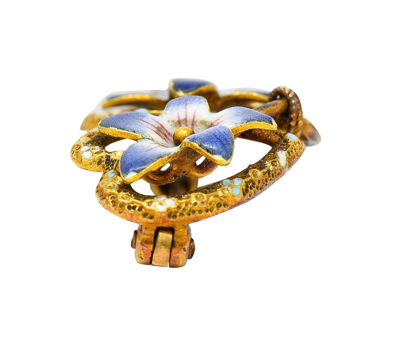 Krementz Art Nouveau Enamel 14 Karat Gold Double Floral Heart Brooch 3