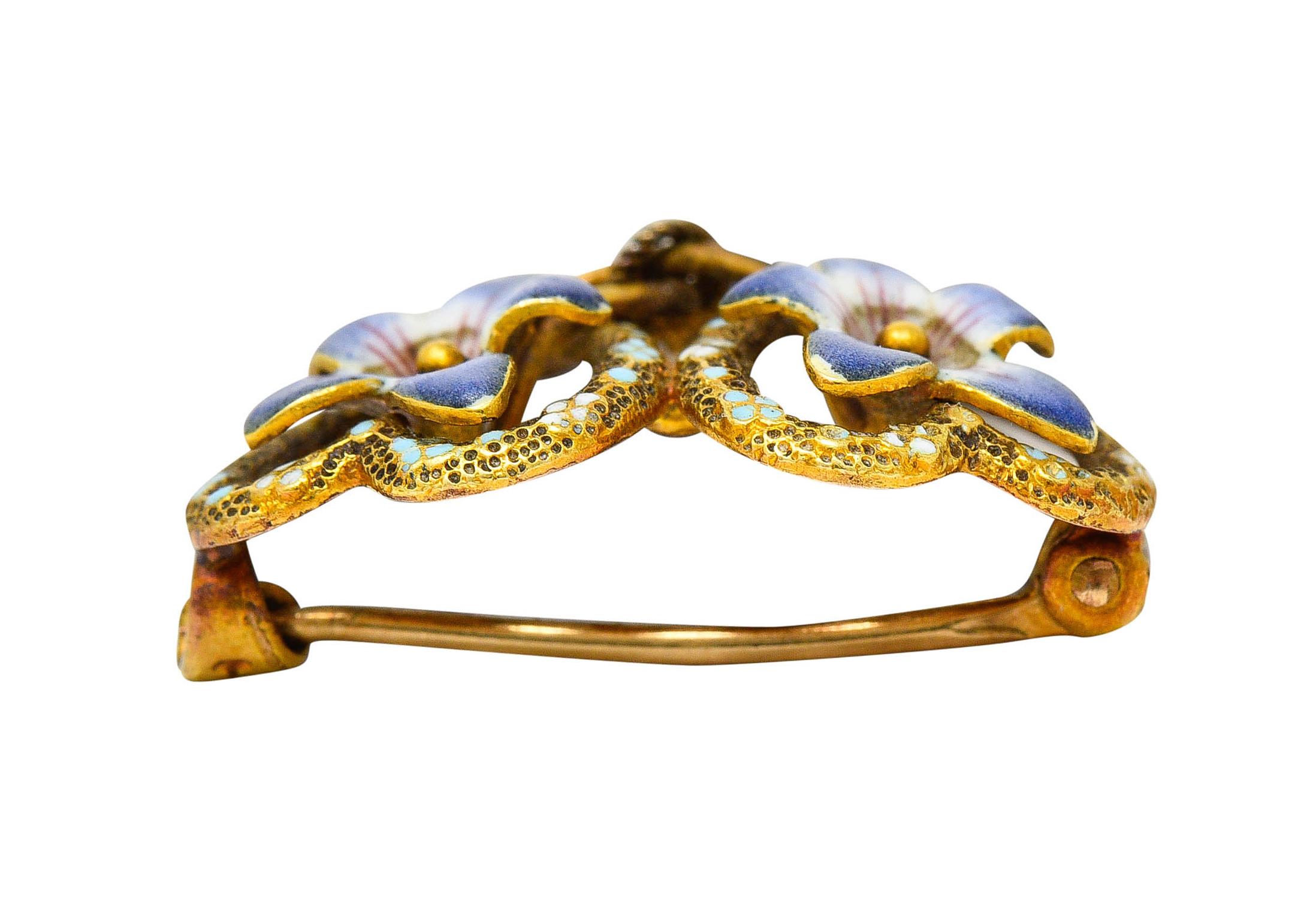 Krementz Art Nouveau Enamel 14 Karat Gold Double Floral Heart Brooch 4