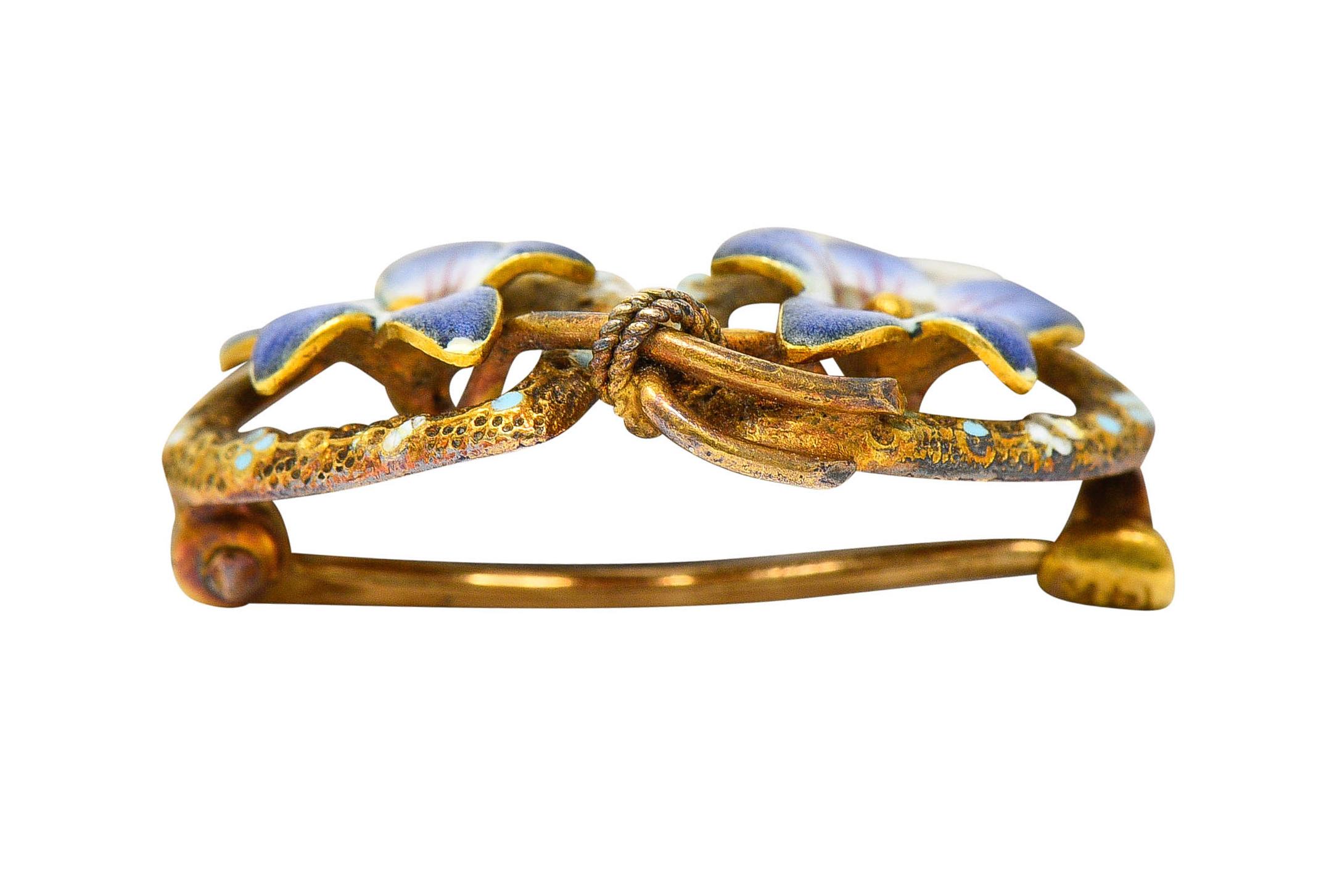 Krementz Art Nouveau Enamel 14 Karat Gold Double Floral Heart Brooch 5