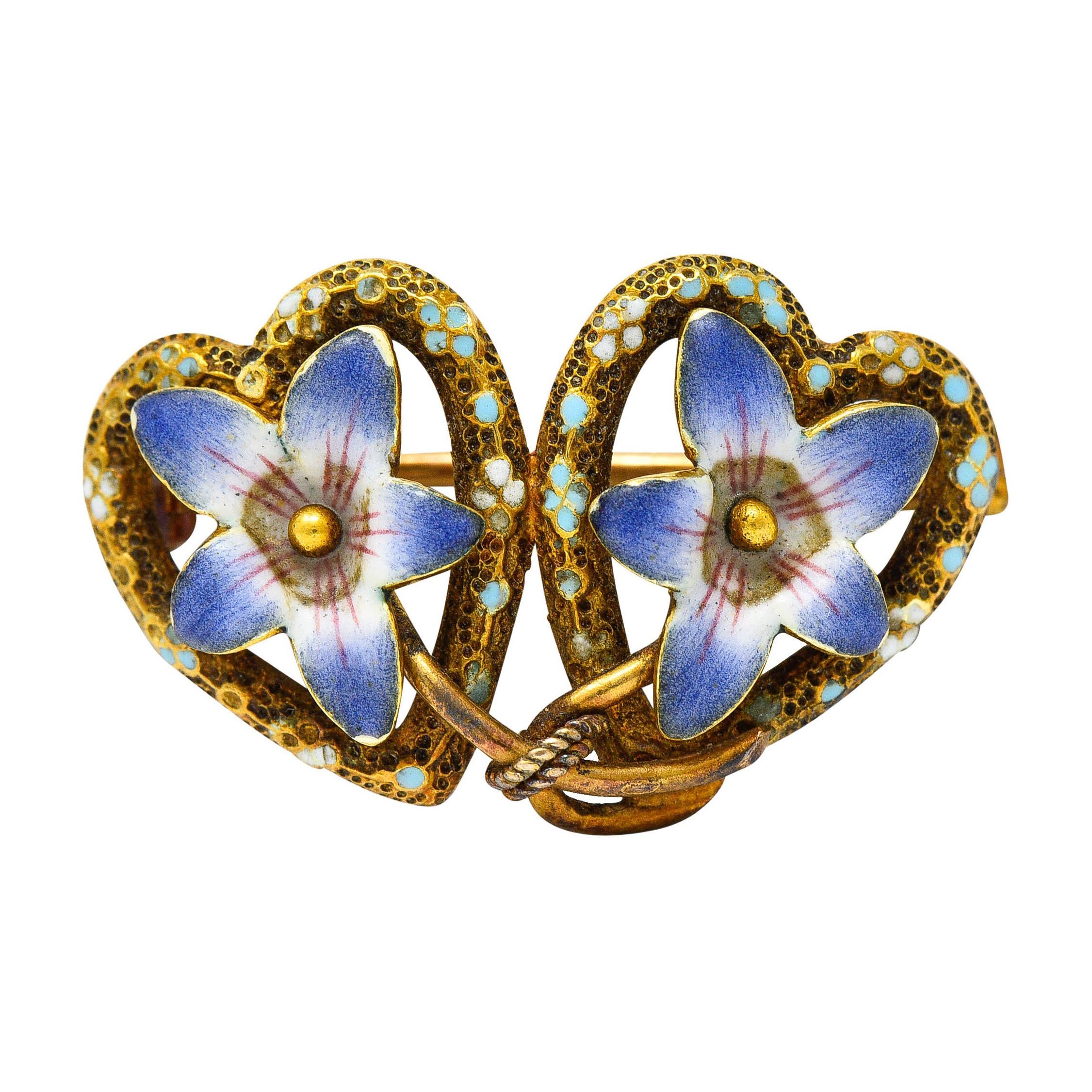 Krementz Art Nouveau Enamel 14 Karat Gold Double Floral Heart Brooch